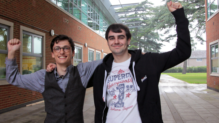 <p>Students Harry Mitchell and Jonathan White celebrate their results</p>