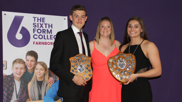 <p>Sportsman and Sportswoman of the Year,&nbsp;Jackson Brown and Maddie&nbsp;Exton with&nbsp;Emma Stephens, Senior Curriculum Manager for PE and sport</p>