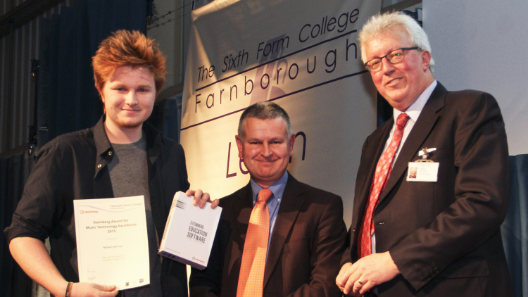 <p>&nbsp;Nathan Guy with his Steinburg Award for Excellence in Music Technology</p>