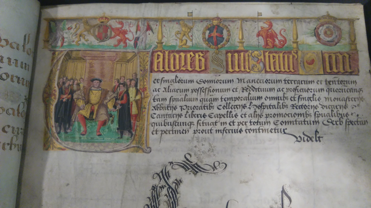 <p>The front page of the Valor Ecclesiasticus (Value of the Church) dated 1535. This book listed the contents of church property which was claimed by Henry VIII. This document can only be viewed with a security guard present.&nbsp;</p>