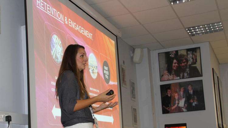 <p>Emily White from BMW (and also an ex-student) speaking about retention and engagement&nbsp;</p>