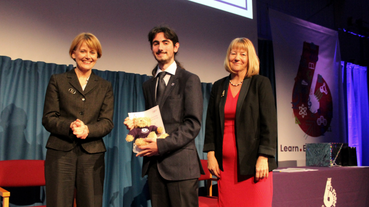 <p>Barnabas Balint with Joy Cross who&nbsp;presented him with The Community Matters Partnership Project Student Volunteer of the Year Award</p>