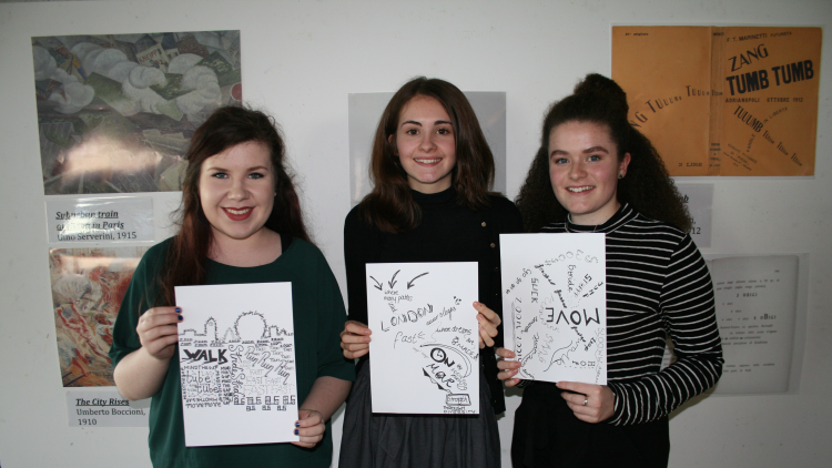 <p>Rachel Hough, Eleanor Ruxton and Lucy Fisher showing off their futurist poetry</p>