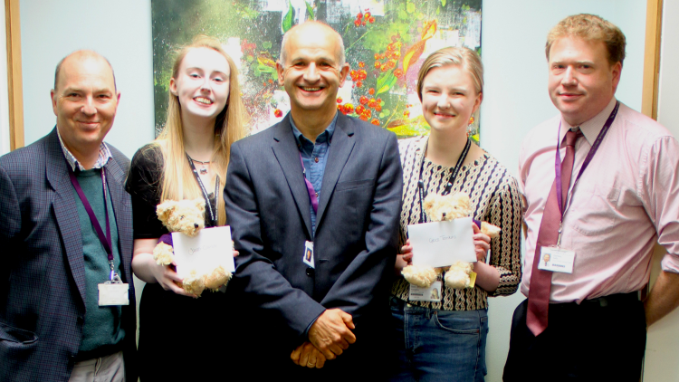 <p>Students Sarah and Grace with their subject tutors Paul Barker and Dominic Eady, and Peter Eyre. &nbsp;</p>