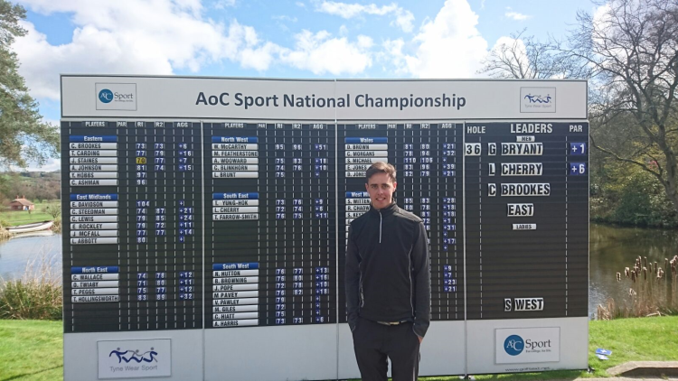 <p>&nbsp;Student Tom Farrow-Smith in front of the AoC Results Board</p>