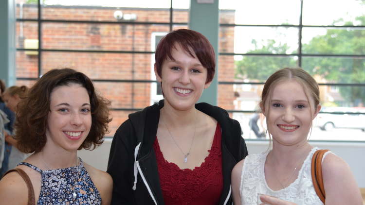 <p>Students Gemma McArthur,&nbsp;Evelyn Mizen and Chloe Ruffell&nbsp;celebrate at the College</p>