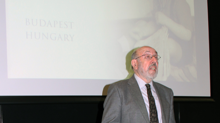 <p>&nbsp;John Dobai, a Holocaust survivor, speaking to students about&nbsp;what he experienced</p>