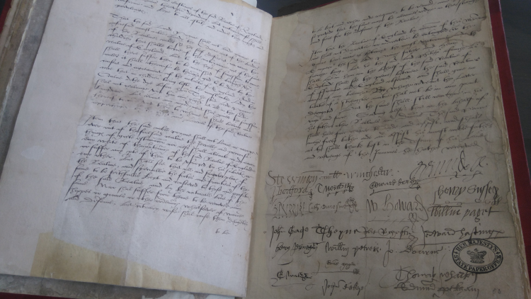 <p>The Marriage Treaty agreed between Mary Tudor and King Philip II of Spain from 1553 signed by all leading members of the Privy Council.</p>