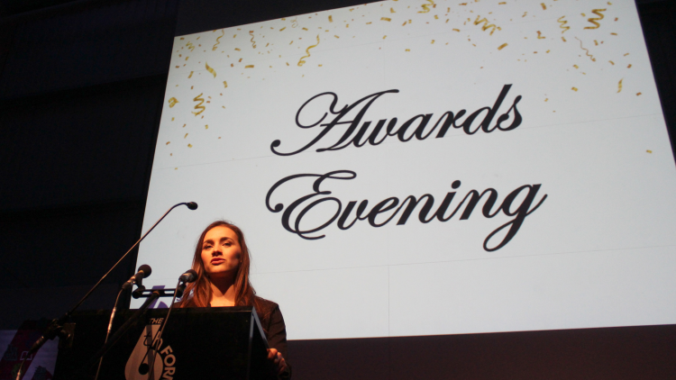 <p>Our Guest of Honour, <strong>Grace</strong>&nbsp;<strong>Blakeley</strong>,&nbsp;speaking about her time at the College and her career</p>